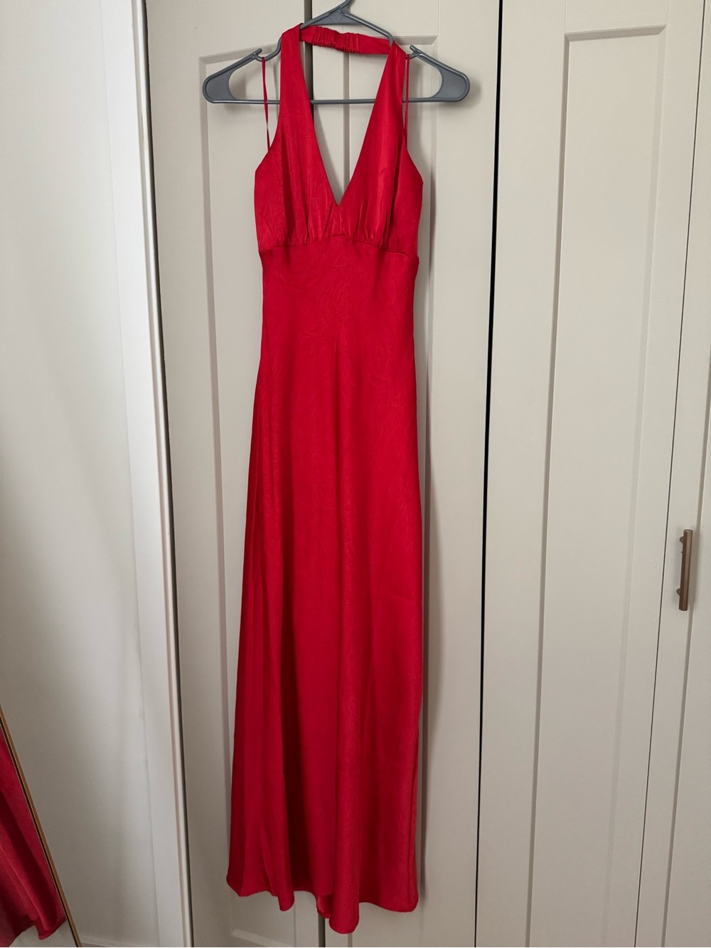 Sincerely Jules Satin Red Halter Maxi Dress
